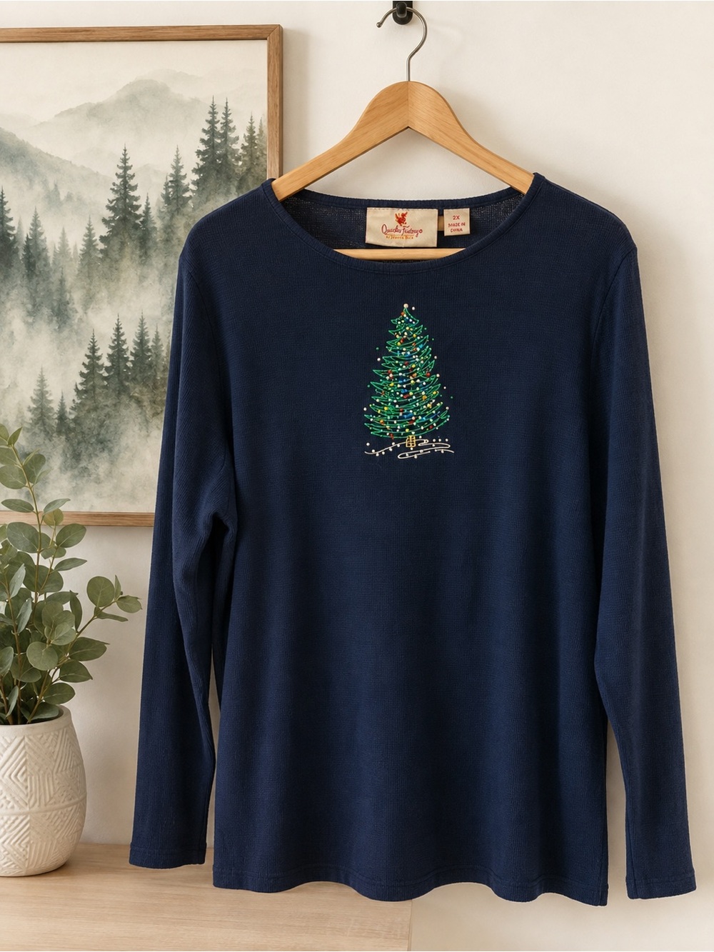 Quacker Factory Navy Shirt with Festive Christmas Design